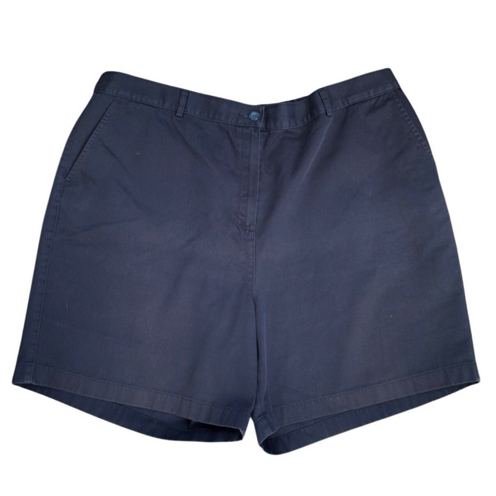 T5 LL Bean 18W Navy Blue Cotton Chino Shorts High Rise Elastic Back‎ 0GVM8